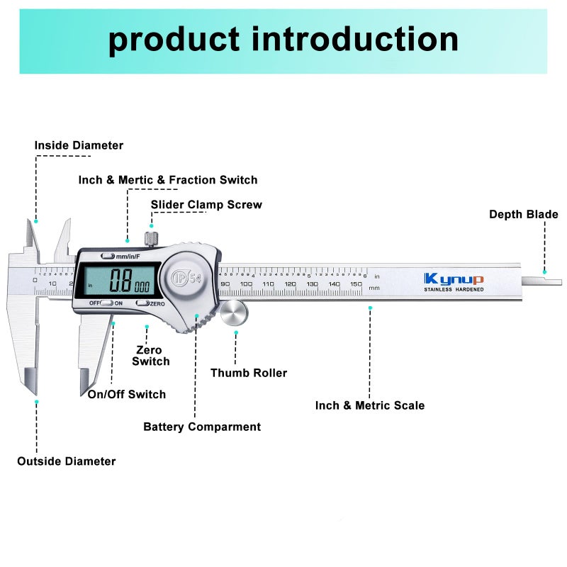 Kynup Digital Caliper, Caliper Measuring Tool Outside Micrometer, Vernier Dial Caliper, 6 Inch Caliper DIY Tool, Stainless Steel, IP54 Splash Proof, Inch Metric Fraction Switch, Large LCD Screen - Image 5